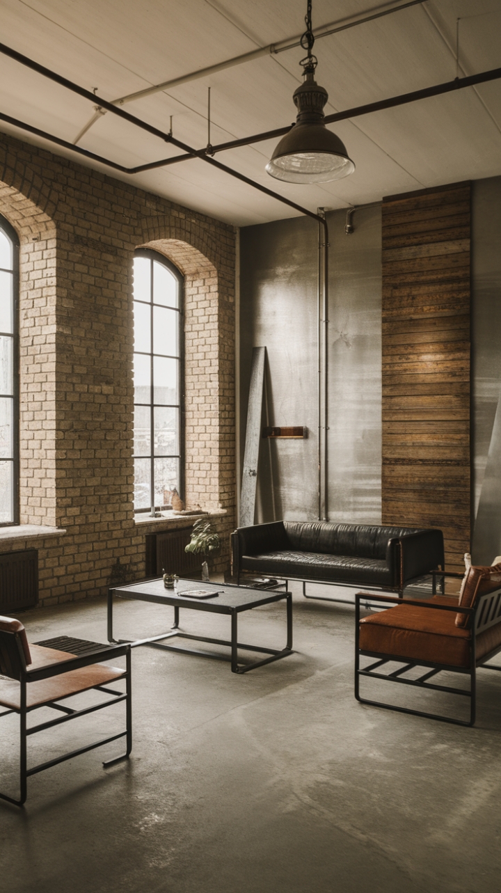Raw urban grit meets refined industrial chic. Exposed brick, reclaimed wood, and sleek metal furniture coalesce in this minimalist loft, where vintage lighting casts a warm glow on the concrete floor. A testament to modern design's enduring allure.