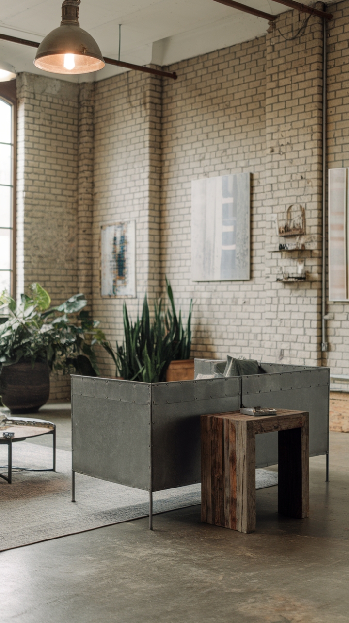 Imagine cozy nights in this urban oasis! Neutral tones create a calming backdrop for the interplay of textures—exposed brick, smooth concrete, and the soft lines of a gray sofa. A vintage light fixture adds a touch of history, while pops of green and carefully chosen art bring the space to life.