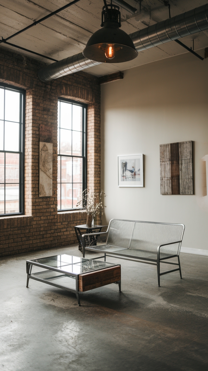 Imagine waking up in this stunning urban loft. High ceilings, exposed brick, and concrete floors create a dramatic yet inviting atmosphere. The minimalist design, featuring a metal sofa and reclaimed wood accents, is both stylish and functional. The neutral palette is punctuated by carefully chosen artwork and a unique vintage light fixture, adding warmth and character to this modern industrial haven.