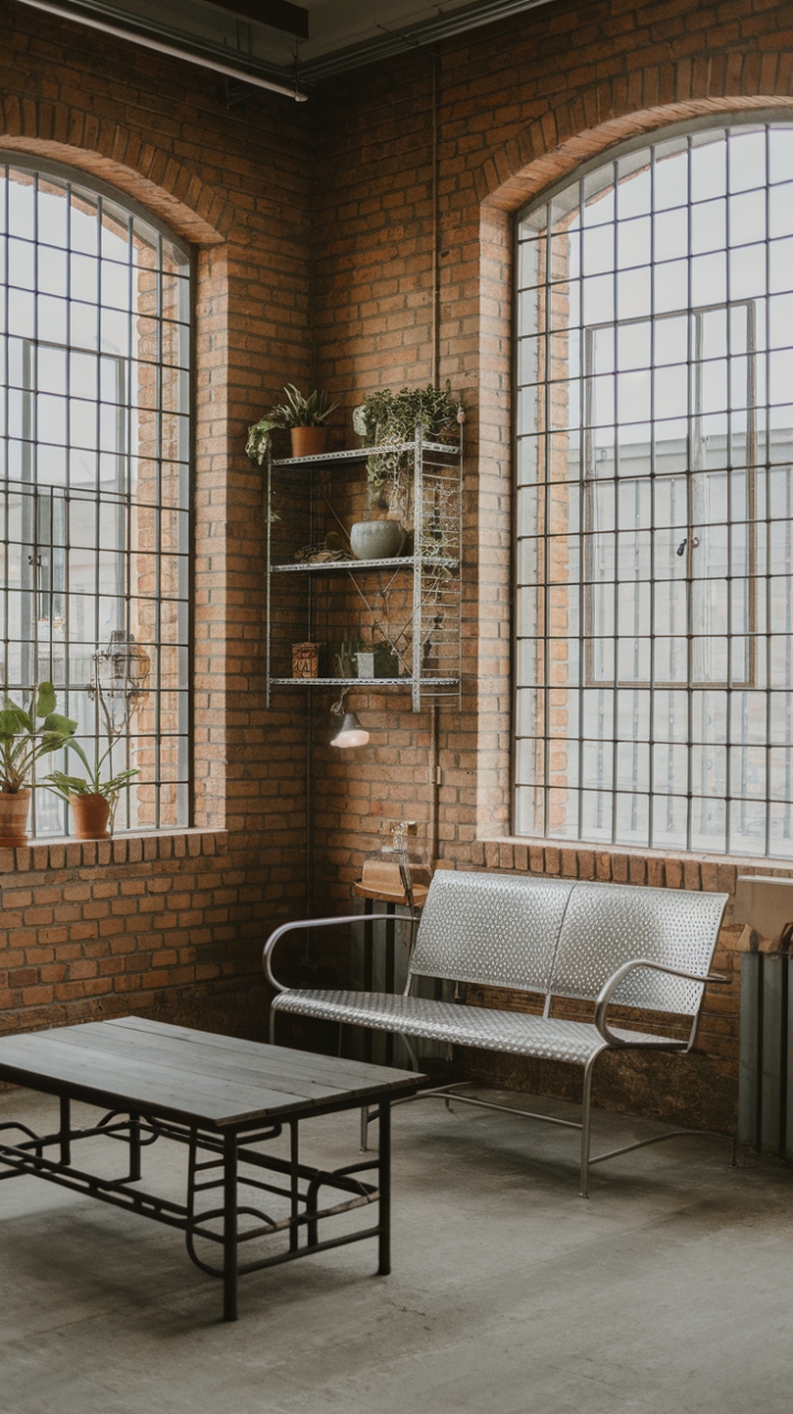 Raw urban grit meets refined minimalism in this breathtaking industrial-chic living space. Exposed brick whispers stories of the past, while sleek metal furniture and vintage accents add layers of character and warmth. The high ceilings and expansive windows, framed by iron bars, flood the concrete floor with natural light, creating an airy yet grounded atmosphere.