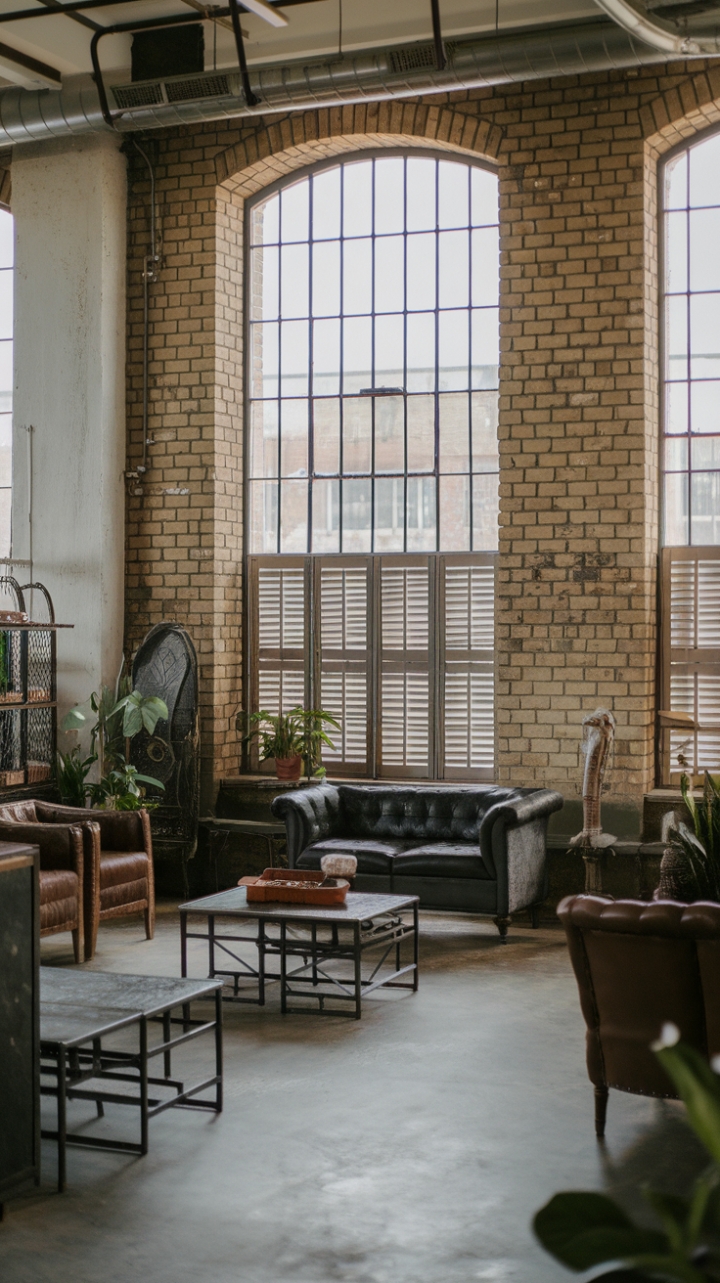 This loft's industrial heart beats with a minimalist rhythm. Exposed brick walls, a concrete canvas, and the cool gleam of metal furniture create a dynamic backdrop for carefully curated vintage accents. Sunlight streams through the window shutters, illuminating the space and highlighting the unexpected softness of the strategically placed greenery.