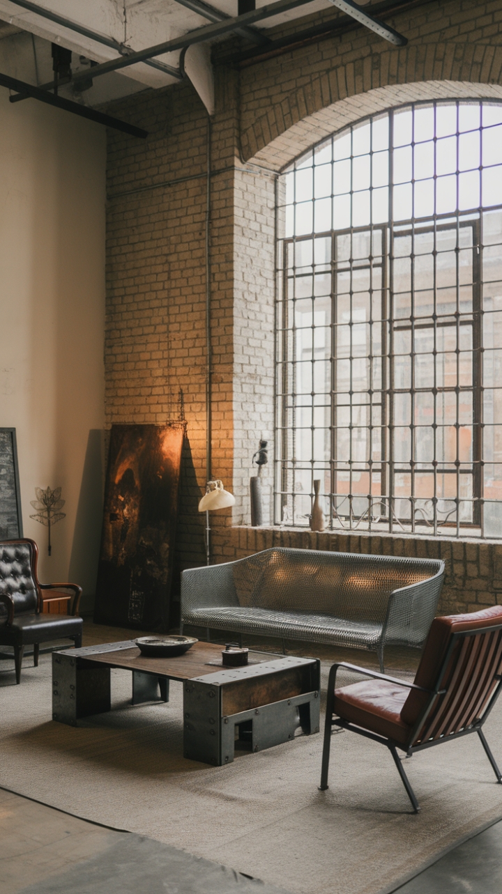 This breathtaking industrial haven boasts a high-ceilinged expanse of exposed brick, punctuated by a large window framed in iron. A curated collection of furniture—a sleek metal sofa, a warm wooden chair, and a striking metal and wood coffee table—anchors the space, while vintage lighting and artwork add character. The minimalist aesthetic, set against the backdrop of a polished concrete floor, is a testament to the beauty of raw, unadorned design.