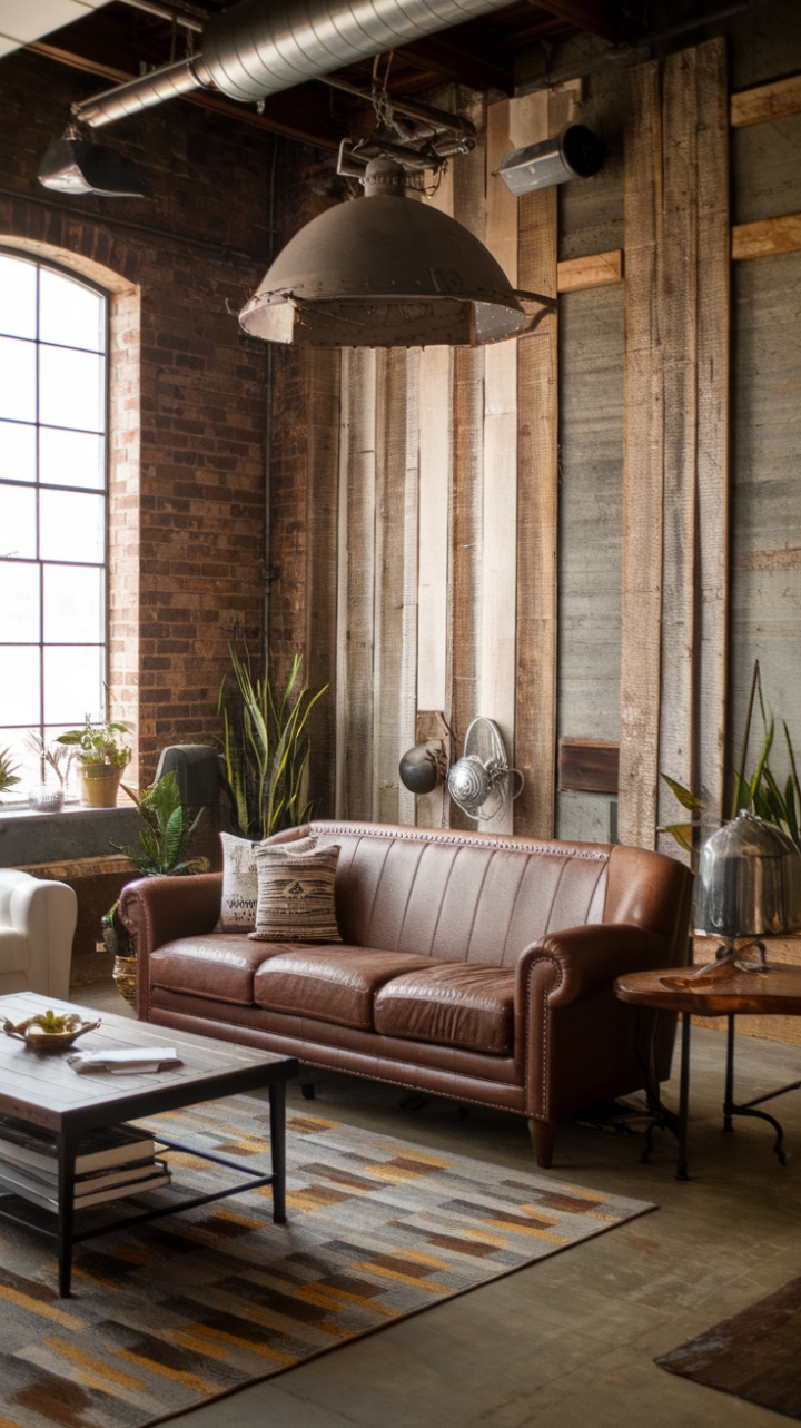 Ready to fall in love with rustic-industrial charm? This living room's exposed brick, reclaimed wood, and vintage furniture create a cozy haven, perfectly balanced by a patterned rug and pops of greenery. The industrial lighting fixture adds a touch of edgy sophistication.