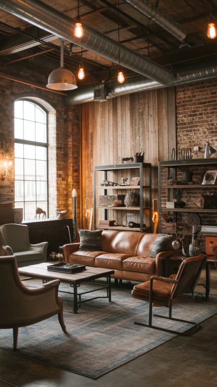 Warmth and character collide in this inviting industrial farmhouse living room. The perfect blend of vintage finds, reclaimed wood, and exposed brick creates a space that's both stylish and comfortable. Gather around the rustic coffee table, surrounded by the comforting glow of exposed bulb lighting, and let the day melt away.