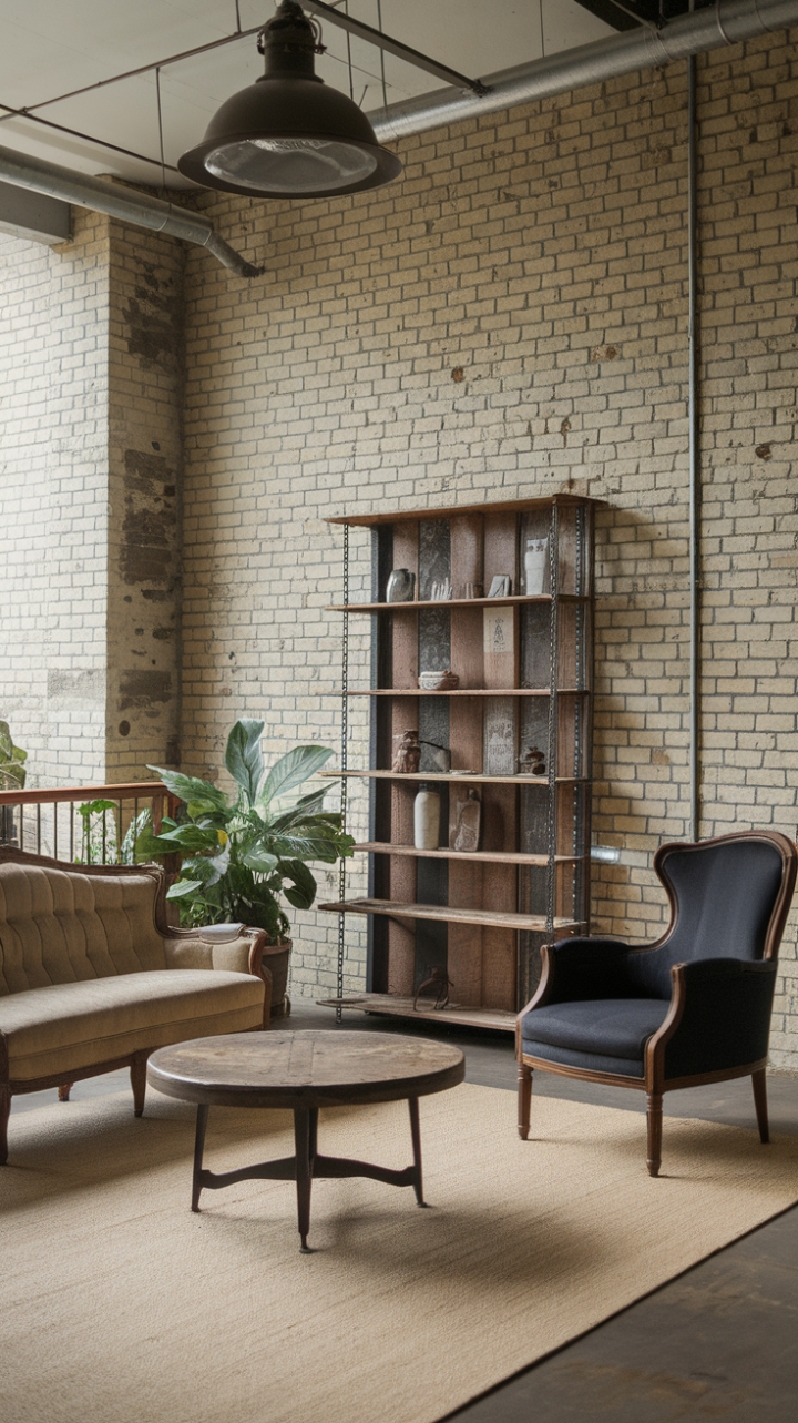 Imagine sinking into the plush embrace of a vintage sofa in this captivating industrial farmhouse living room. The aged brick walls, punctuated by charming imperfections, provide a dramatic backdrop to the carefully curated mix of rustic and vintage pieces. Reclaimed wood accents and metal details add layers of texture and character, while a soft rug and strategically placed greenery create a surprisingly cozy atmosphere. This is rustic living redefined.