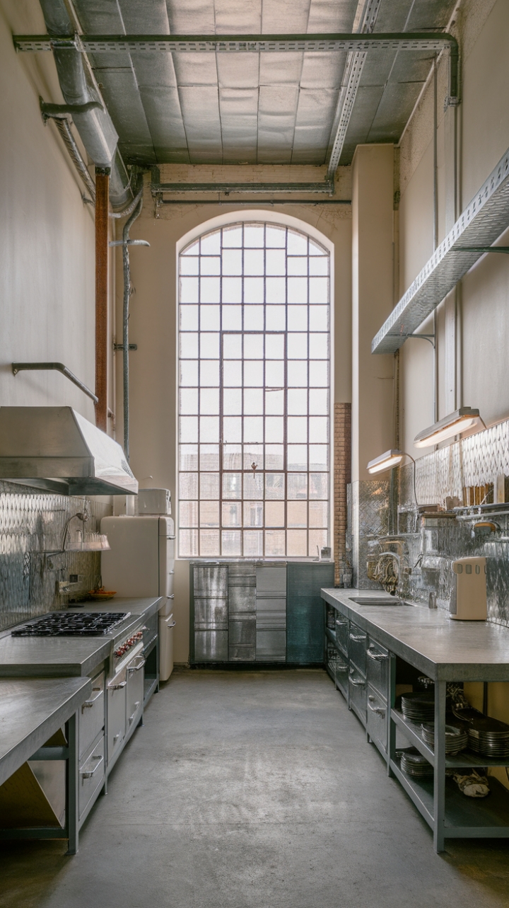 Concrete floors, exposed brick, and a symphony of metallics define this factory-inspired kitchen. A high-ceilinged haven of industrial design, it seamlessly blends vintage charm with contemporary sophistication, proving that raw beauty and polished style can coexist in perfect harmony.