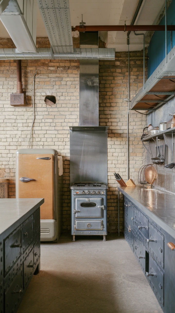 Craving a kitchen with character? This minimalist space boasts a unique blend of textures and finishes. Vintage appliances, a rustic wooden refrigerator door, and the juxtaposition of smooth concrete and rough brick walls create a captivating industrial design that's both functional and stylish. The exposed pipes add an authentic touch, while the metallic accents bring a touch of modern sophistication.