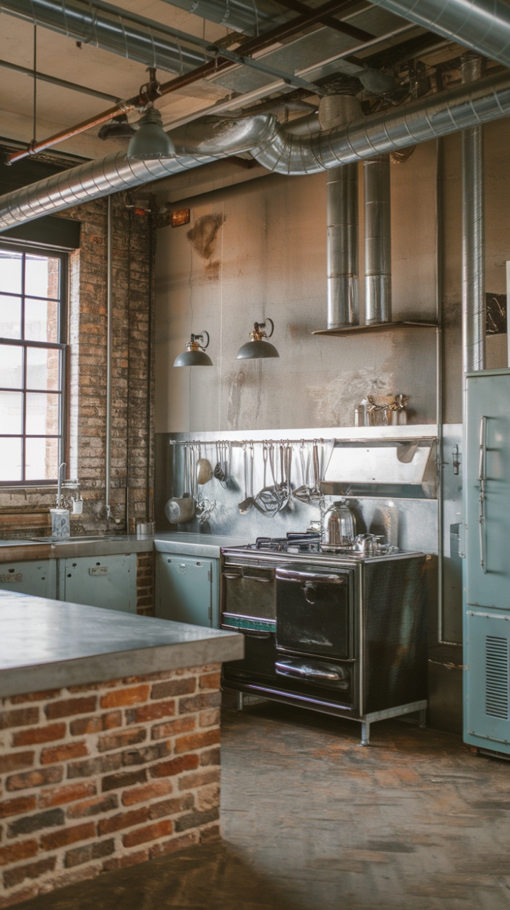 Ready to trade your cookie-cutter kitchen for a space that's seriously chic? This industrial haven boasts exposed brick, gleaming metallics, and vintage appliances—a minimalist's dream come true. Concrete countertops and exposed pipes add to the urban loft vibe, creating a kitchen that's as functional as it is breathtaking.