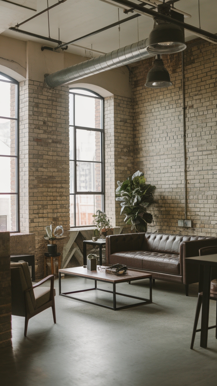 Raw urban grit meets refined modernism in this breathtaking loft. Exposed brick whispers stories of the past, while sleek metal and warm wood create a haven of contemporary cool. The concrete floor grounds the space, anchoring the minimalist furniture and lush greenery for a truly captivating living area.