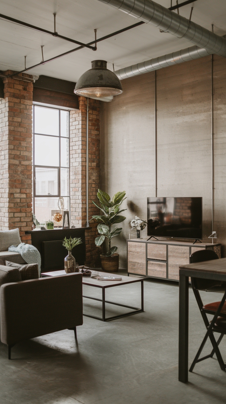 Concrete jungle chic redefined. This industrial-style living room is a masterclass in minimalist design. Exposed brick walls, a curated mix of textures, and carefully chosen accents create a space that's both edgy and inviting. The perfect blend of form and function for the modern urban dweller.