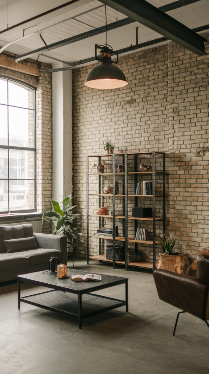 Raw urban cool meets refined comfort. Exposed brick whispers history against a backdrop of sleek metal and warm wood, creating a living space that's both strikingly modern and undeniably inviting. The concrete floor grounds the minimalist aesthetic, while pops of greenery add a touch of unexpected life.
