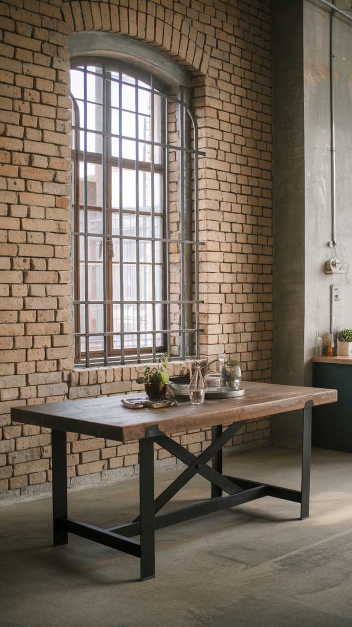 Raw urban grit meets rustic charm in this breathtaking industrial kitchen. A reclaimed wood and steel dining table, brimming with vintage farmhouse appeal, anchors the space, its weathered texture a striking contrast to the sleek concrete floor and exposed brick walls. The large window, framed by iron bars, adds an undeniable touch of loft-style drama.