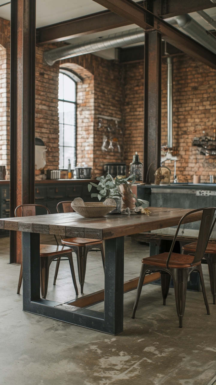 Raw industrial elements—exposed brick, steel beams, and a concrete floor—find unexpected harmony with the warmth of a reclaimed wood dining table. The juxtaposition of textures and styles creates a captivating modern industrial aesthetic, perfect for both intimate gatherings and grand celebrations. Farmhouse-style chairs complete the look with a touch of rustic charm.