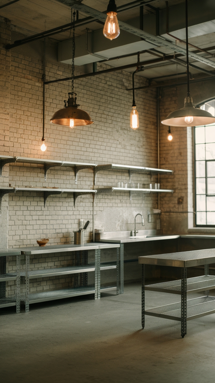 Raw, refined, and relentlessly stylish. This industrial kitchen's exposed brick and concrete floors are balanced by minimalist metal accents and a symphony of lighting—from vintage pendant drops to focused task lighting—creating a space that's both functional and breathtakingly beautiful.