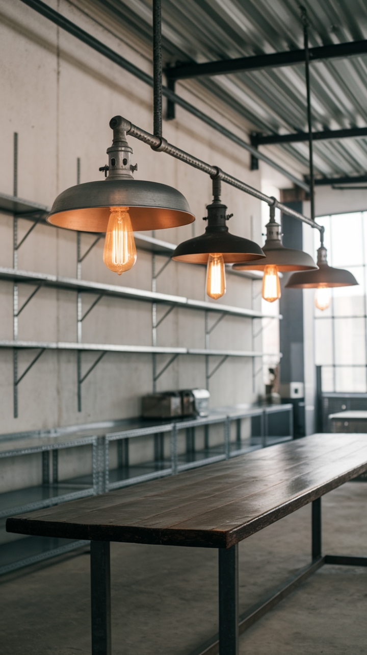 Raw concrete floors meet sleek metal and warm wood in this minimalist industrial kitchen. Pendant lights, a nod to vintage warehouse style, cast a warm glow over a long communal table, perfect for both casual meals and collaborative cooking. The clean lines and functional shelving create a space that's both stylish and surprisingly inviting.