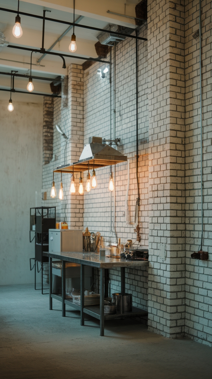 A symphony of textures and light defines this industrial-chic kitchen. Exposed brick, concrete floors, and vintage pendant lights create a captivating contrast, while the minimalist design keeps the focus on functionality and airy brightness.