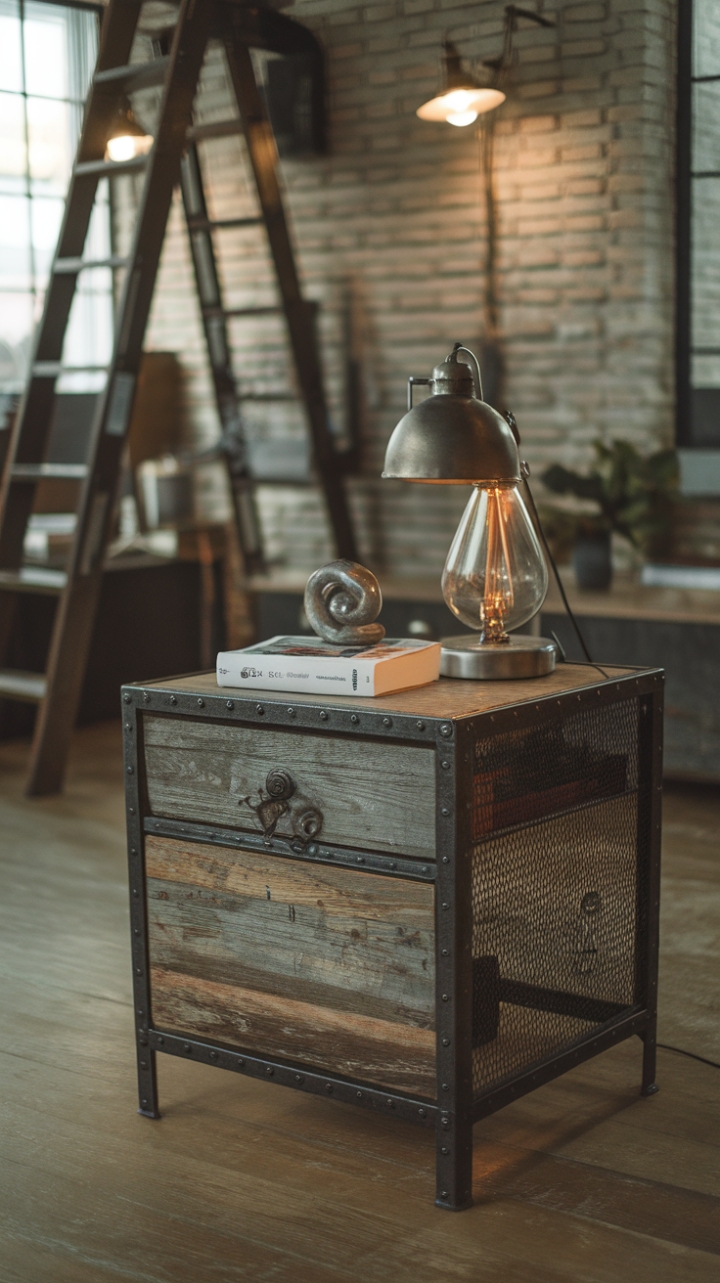 Ready to infuse your space with raw, urban charm? This rustic nightstand, a masterpiece of reclaimed wood and metal, anchors a modern industrial haven. Its vintage appeal, complemented by a thoughtfully curated collection of books and a warm lamplight, speaks volumes about the cozy, lived-in feel of this inspiring room. The exposed brick and industrial lighting only enhance its unique character.