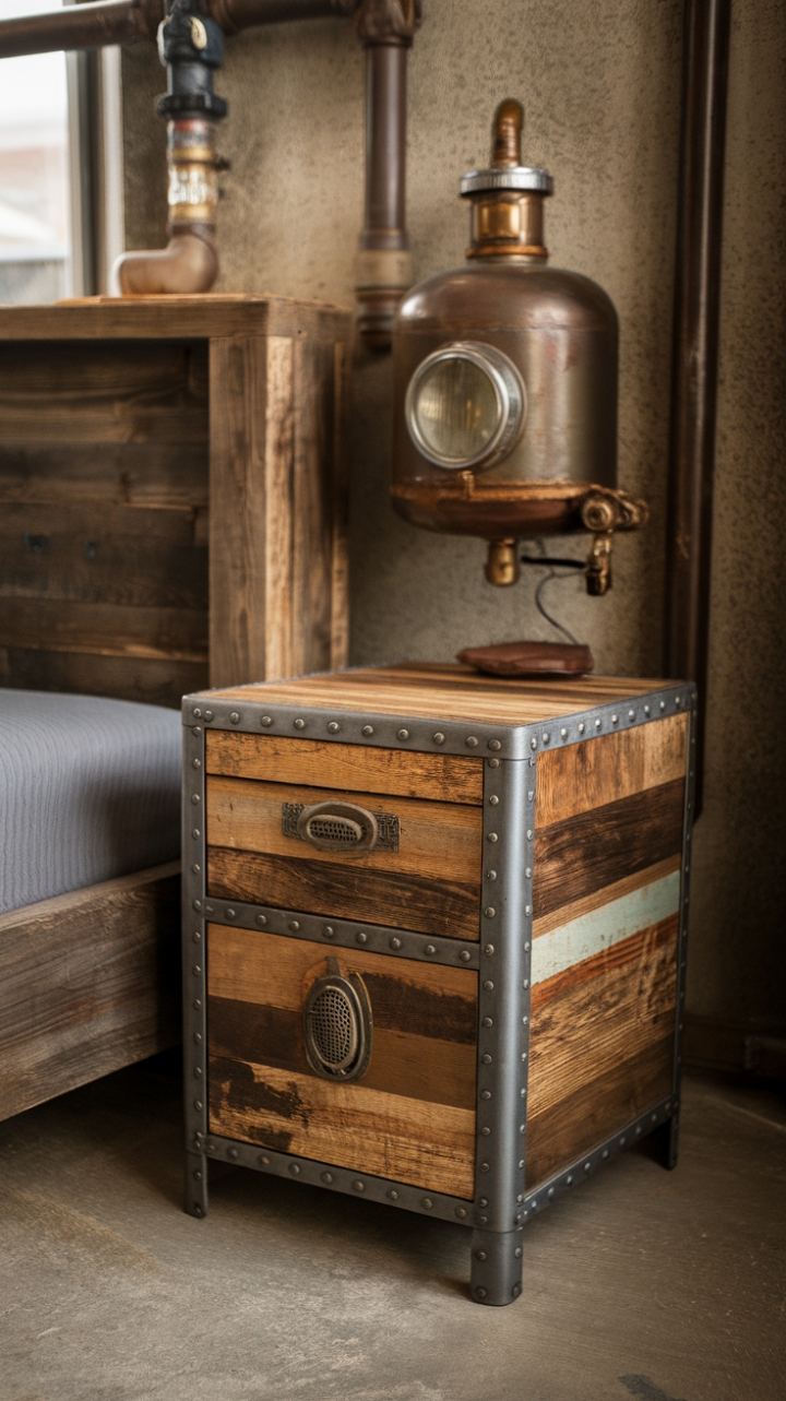 Reclaimed wood and aged metal collide in this rustic nightstand, a testament to industrial-chic design. Its vintage charm finds a perfect home beside a wooden bed frame, the concrete floor grounding the steampunk aesthetic with exposed pipes and a boiler-lamp adding a touch of whimsical genius.