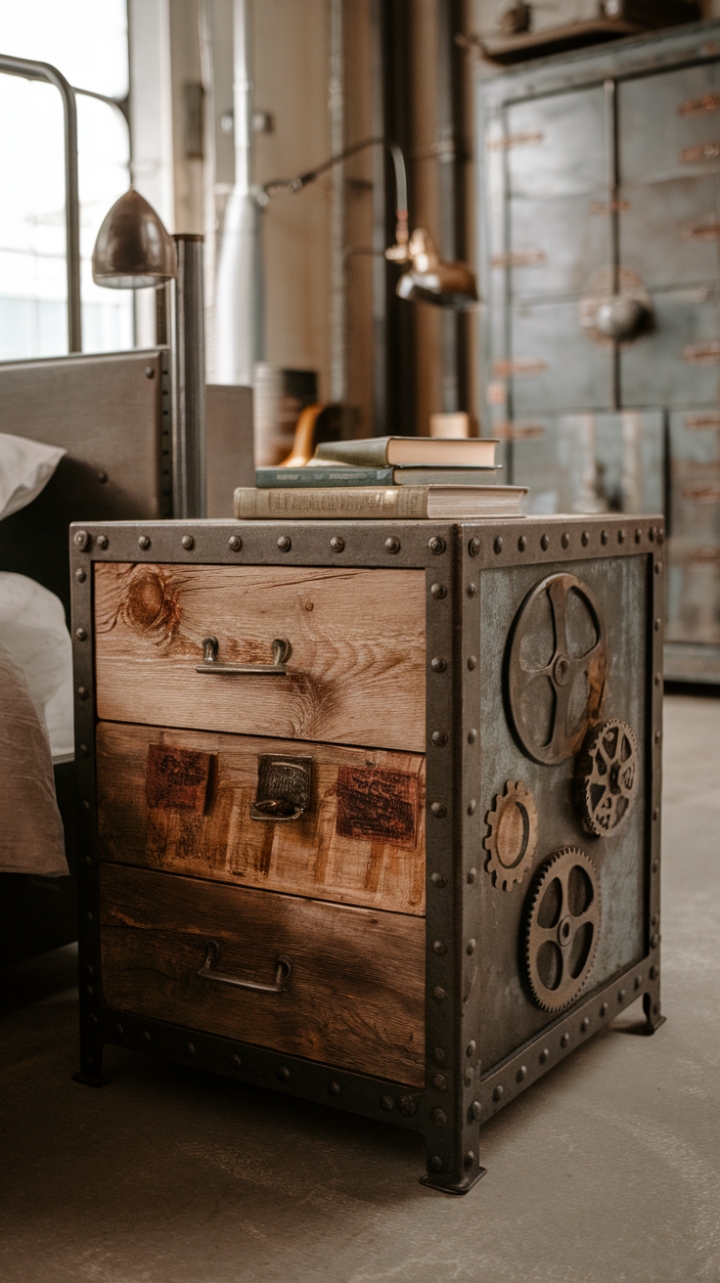 Unleash your inner inventor with this rustic-industrial nightstand. Reclaimed wood and vintage steampunk gears create a unique bedside haven in your urban loft. The distressed finish adds character, while the minimalist setting lets the nightstand's personality shine.