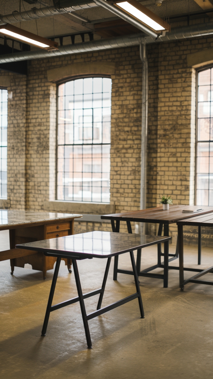 Raw texture meets refined elegance in this loft office haven. Three distinct work tables—industrial steel with rich wood, vintage marble-topped charm, and reclaimed wood's rustic beauty—coexist in perfect harmony against the backdrop of exposed brick and dramatic overhead lighting. A workspace as inspiring as it is functional.