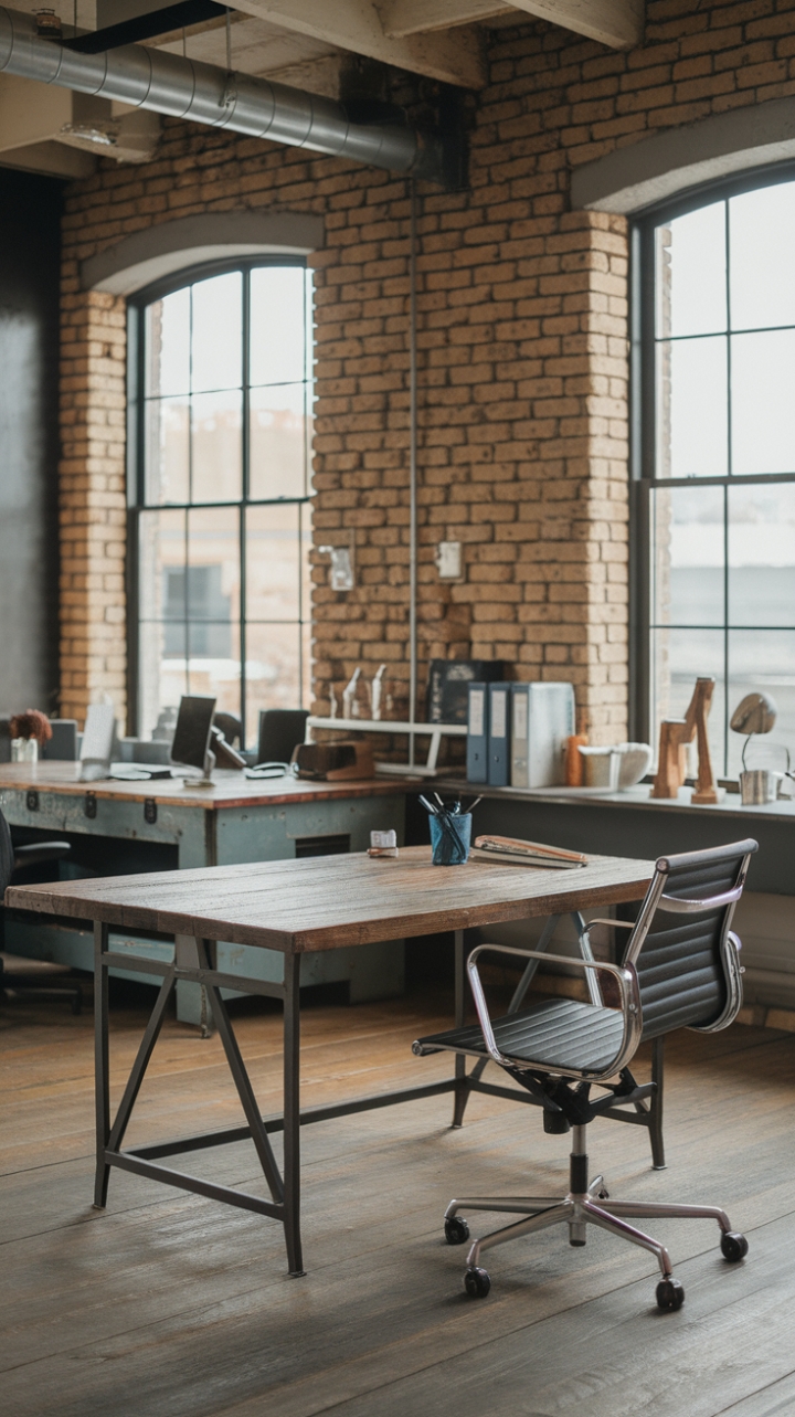 Ready to revamp your workspace? This stunning loft-style office boasts a dynamic duo of desks: a sleek steel-and-wood marvel paired with a rustic reclaimed wood beauty. Exposed brick and soaring ceilings add to the industrial-chic vibe, while the comfortable office chair promises hours of productive comfort.