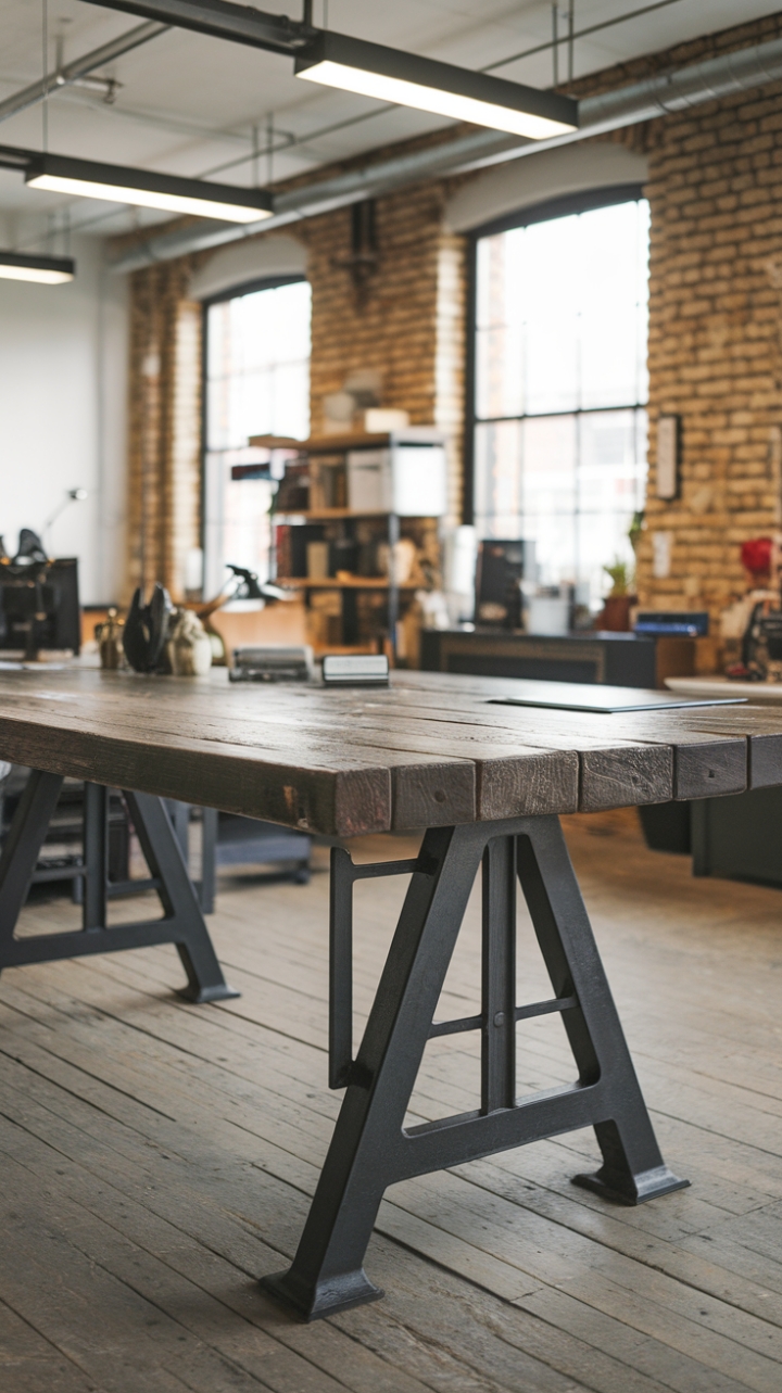 Ready to revamp your workspace? This reclaimed wood and steel office table commands attention with its raw, industrial aesthetic. The distressed wood top, marked with the history of its past life, sits handsomely atop a sleek black steel frame, a perfect blend of rugged charm and modern sophistication. The exposed brick backdrop only enhances the loft-style vibe.