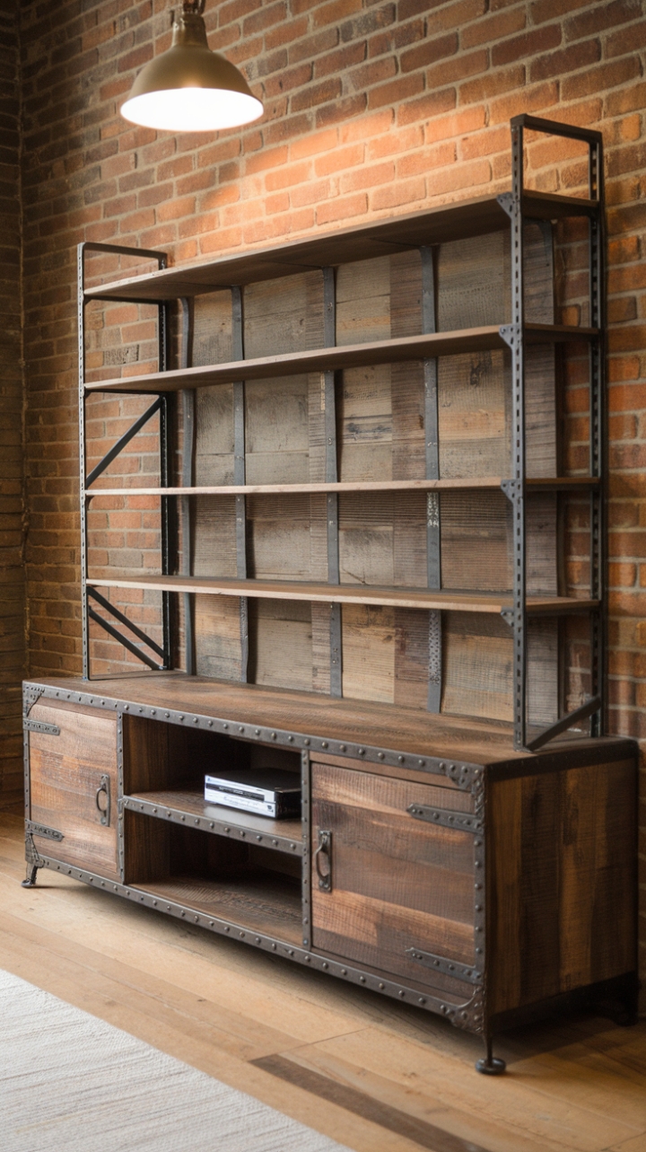 Craving a touch of gritty, vintage style? This rustic TV stand is a showstopper. Its distressed wood finish and metal detailing create a captivating contrast, while the open shelving offers both functionality and visual interest. Pair it with a brick backdrop and a bold light fixture for a truly unforgettable look. This piece isn't just furniture; it's a statement.