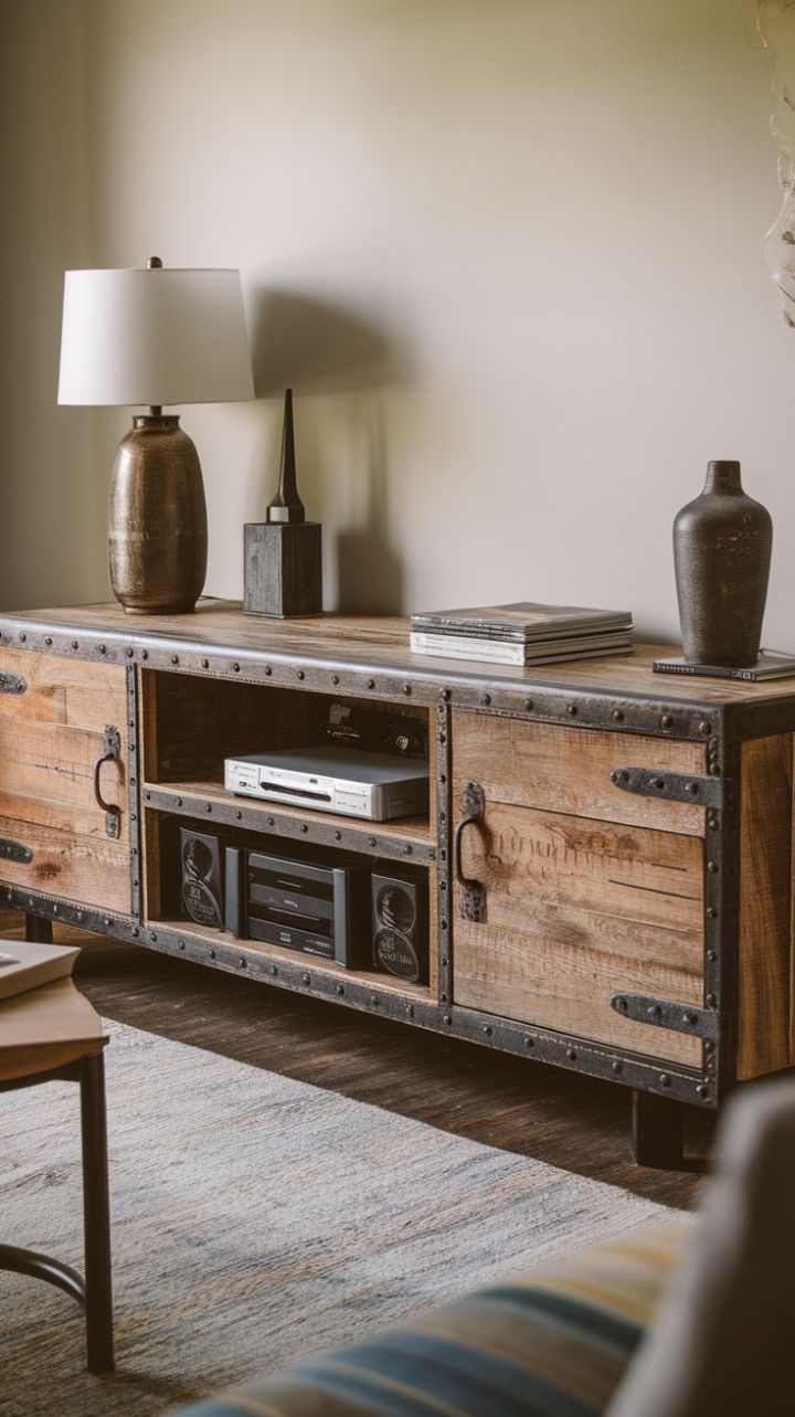 Imagine this vintage industrial media console as the star of your living room! The distressed wood finish adds a touch of history and character, while the clever design ensures both functionality and style. With plenty of space for your TV and media components, plus stylish storage for all your accessories, this piece is as practical as it is beautiful. The subtle lighting in the image only enhances its timeless appeal.