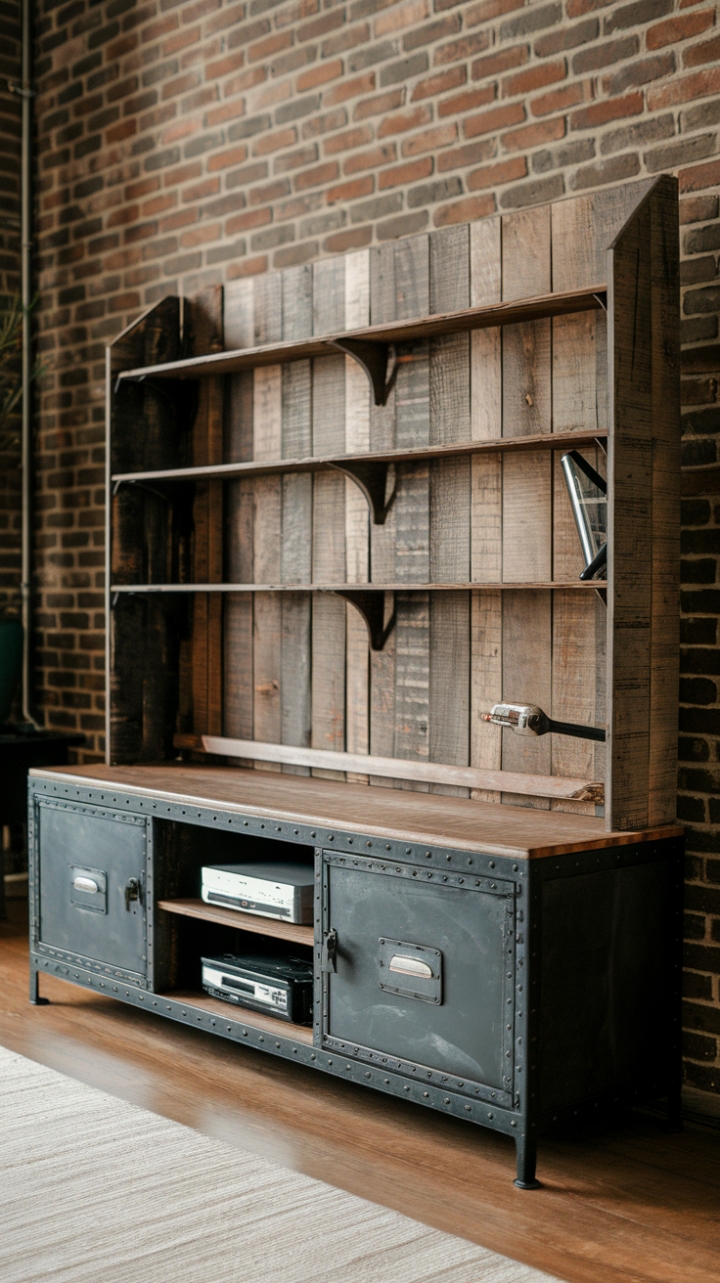 Raw industrial grit meets rustic charm in this breathtaking entertainment center. The distressed wood and vintage media console create a captivating focal point against the exposed brick, while the sturdy metal base adds a touch of warehouse chic. This isn't just storage; it's a statement.