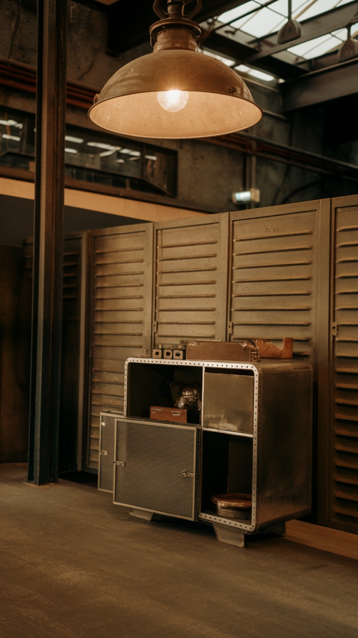 Ready to infuse your space with a touch of vintage industrial charm? A warm-hued palette, a textured wall whispering tales of bygone eras, and a retro storage cabinet brimming with character—this scene is pure mid-century magic, anchored by a stunning vintage industrial light fixture. The perfect blend of rugged and refined.