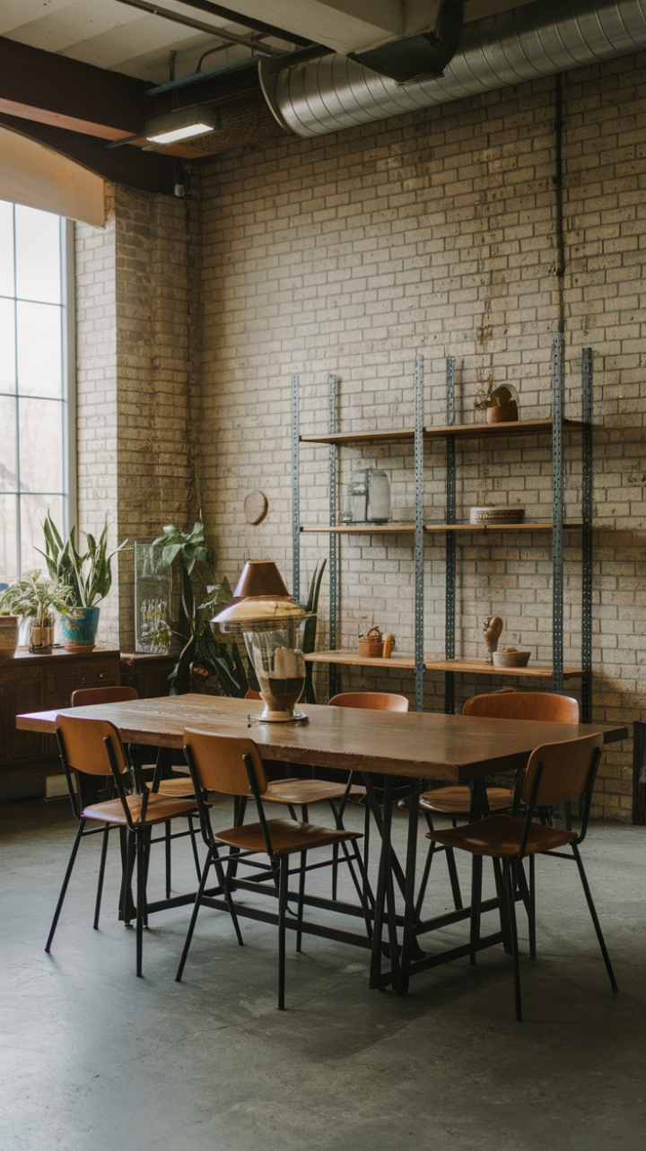 A symphony of textures and tones: worn wood whispers stories alongside the stark beauty of exposed brick. Vintage industrial accents punctuate this captivating space, where a substantial wooden table anchors the room, surrounded by inviting seating. The perfect blend of rugged and refined, this home speaks volumes about curated style.