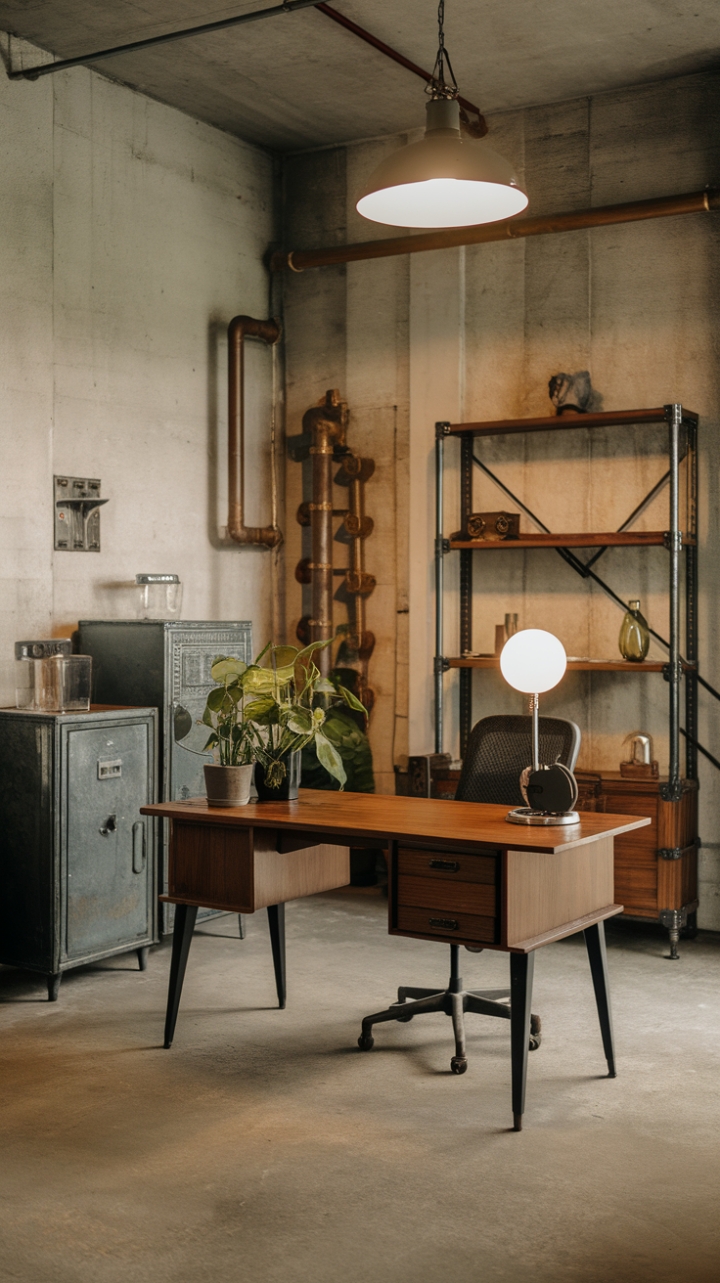 Raw concrete meets refined mid-century modern in this captivating industrial haven. A vintage wooden desk, punctuated by a verdant plant and a warm task lamp, anchors the space, while a curated collection of metal cabinets and pipe shelving adds to the room's rugged yet sophisticated charm. The hanging light fixture casts a warm glow, completing this perfectly balanced blend of textures and eras.