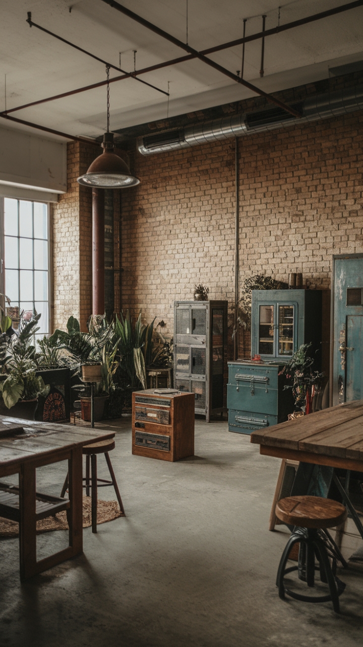 Raw urban grit meets refined industrial chic in this breathtaking loft. Reclaimed wood whispers tales of the past, while exposed brick and a striking steampunk light fixture add a layer of edgy sophistication. The concrete floor grounds the space, allowing the eclectic mix of furniture and lush greenery to truly shine.