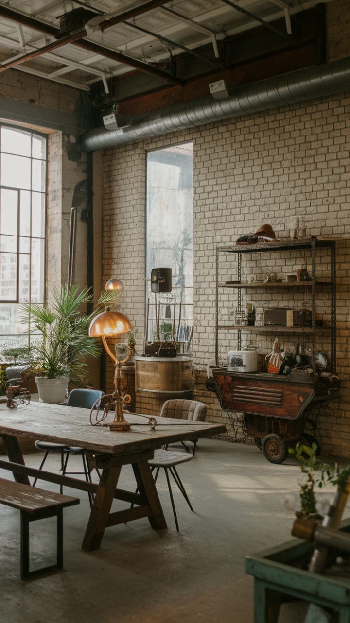 Ready to transform your space into an urban sanctuary? This eclectic industrial haven boasts soaring ceilings, exposed brick, and a captivating blend of rustic modern and vintage industrial elements. Reclaimed materials and steampunk accents create a unique atmosphere, anchored by a large rustic wooden table, vintage lighting, and a charming industrial cart. The perfect blend of raw texture and curated detail awaits.