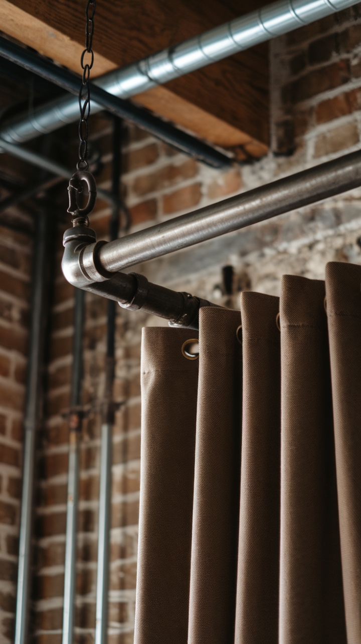 Unleash your inner urbanite. This isn't just a curtain rod; it's a statement piece. The weathered steel pipe, hanging from a chain, contrasts beautifully with the rich texture of the curtains, all set against a dramatic brick wall—a perfect blend of industrial strength and cozy comfort.