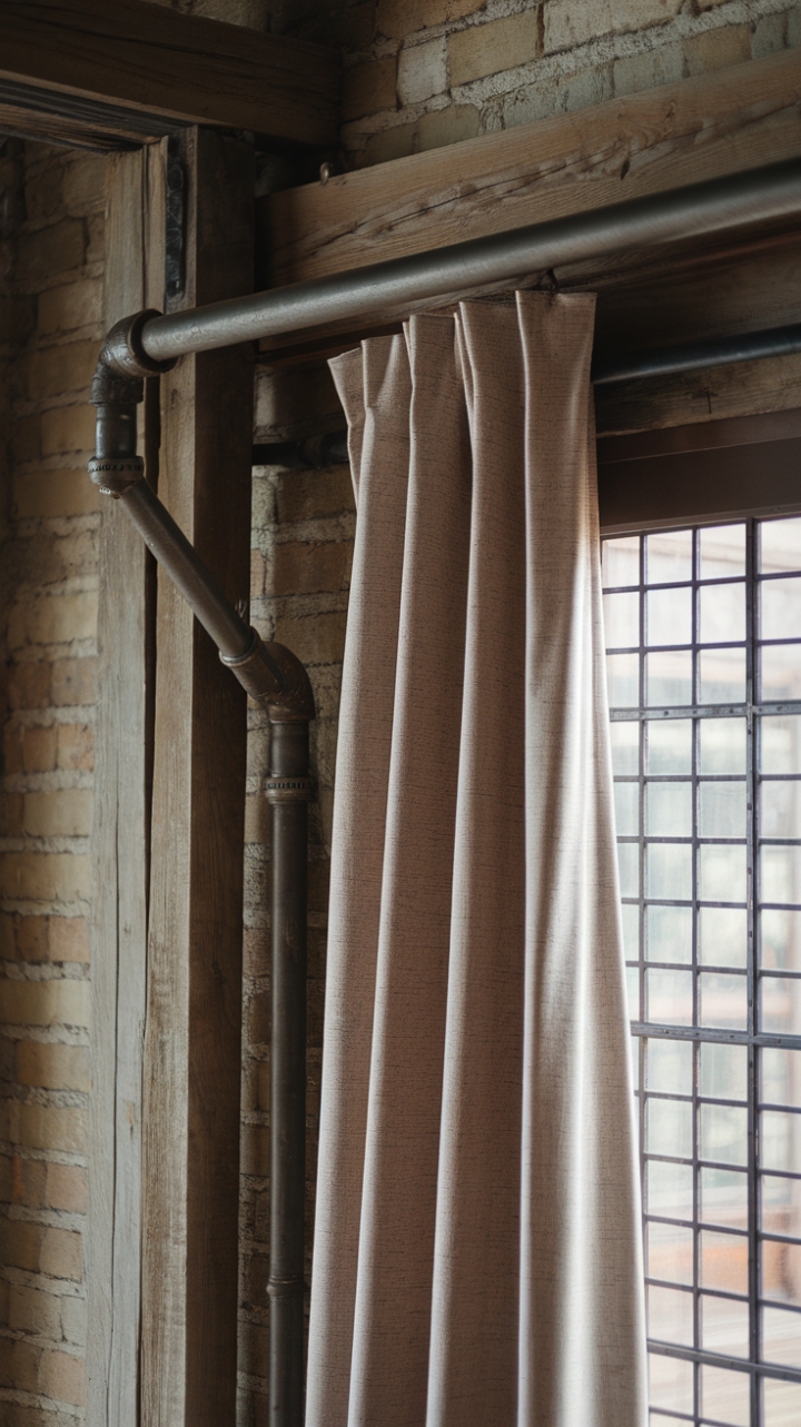 Unleash your inner industrialist! This reclaimed steel pipe curtain rod, a testament to rugged elegance, adds a touch of vintage grit to any room. The warm beige curtain softens the industrial edge, creating a harmonious balance against the rustic brick and wood. A captivating window view completes this stunning design detail.