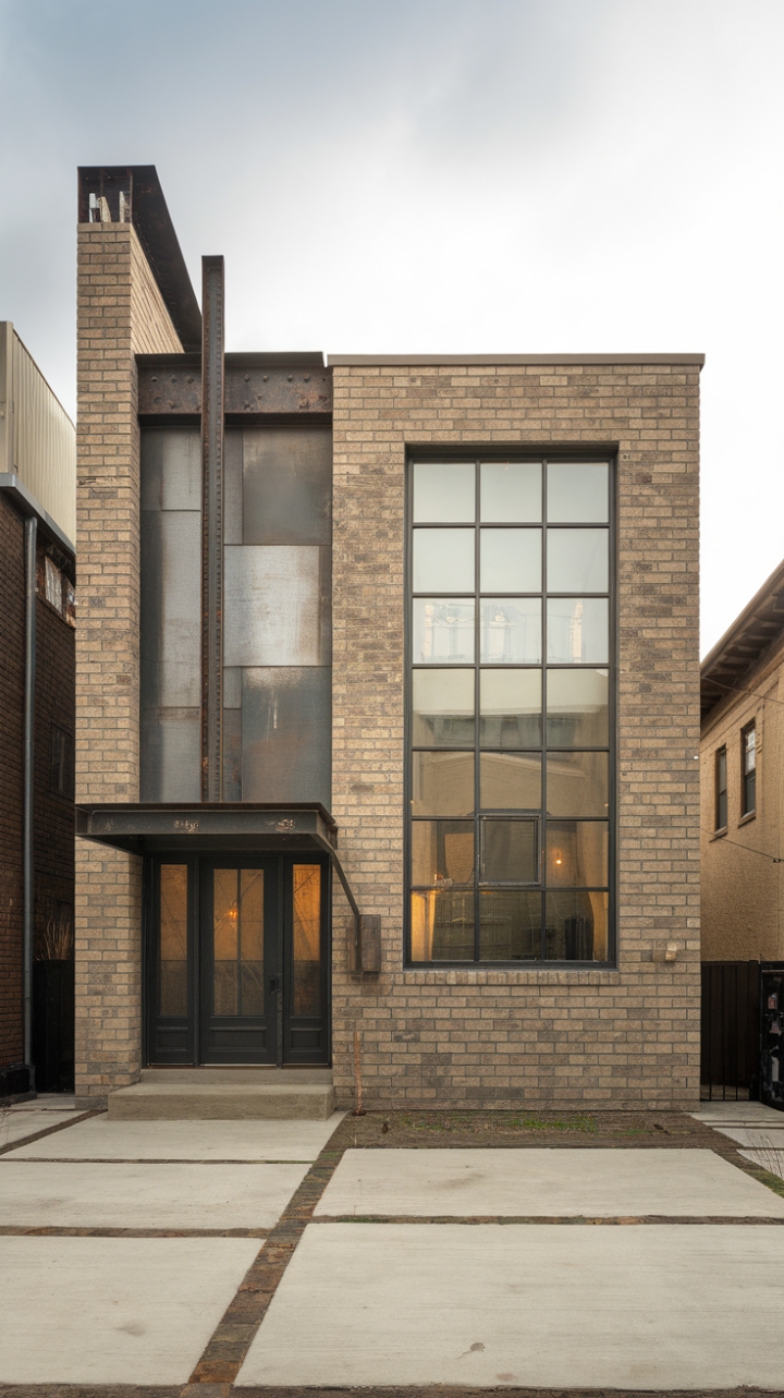Concrete meets brick in this minimalist masterpiece. The exposed structure and industrial metalwork create a bold, urban aesthetic, while the large window promises a bright, airy interior. A perfect blend of raw and refined, this home is a testament to modern design's enduring power.