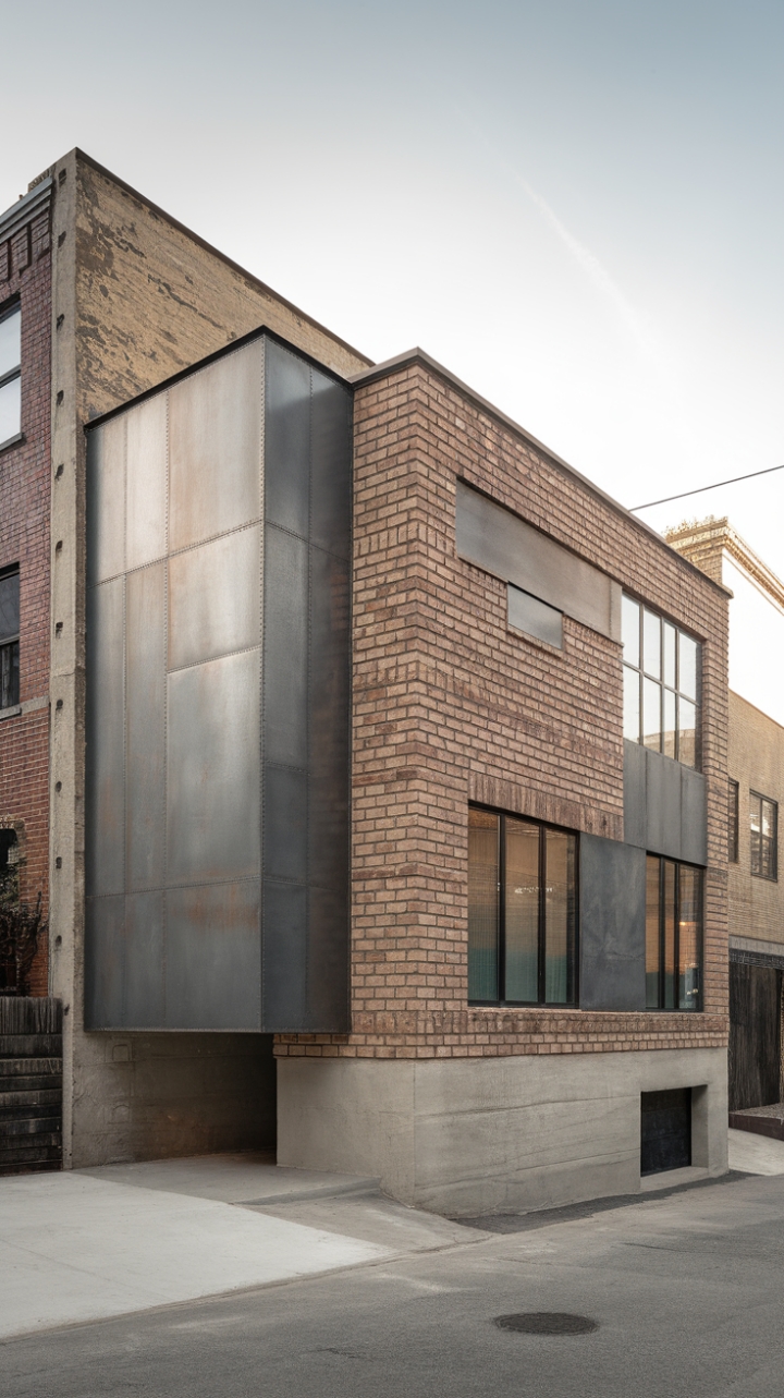 Raw brick and steel forge a striking urban sanctuary. This minimalist masterpiece showcases the beauty of industrial design, its clean lines and exposed materials a testament to modern sophistication.