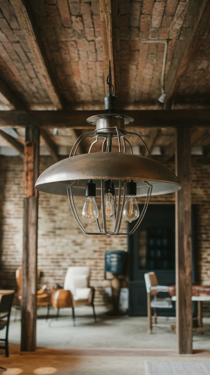 Ready to rediscover the magic of industrial chic? This vintage pendant lamp, a symphony of metal and light, casts a warm glow against the raw beauty of exposed brick and aged wood beams. The concrete floor and simple furnishings create a space that's both rustic and refined.