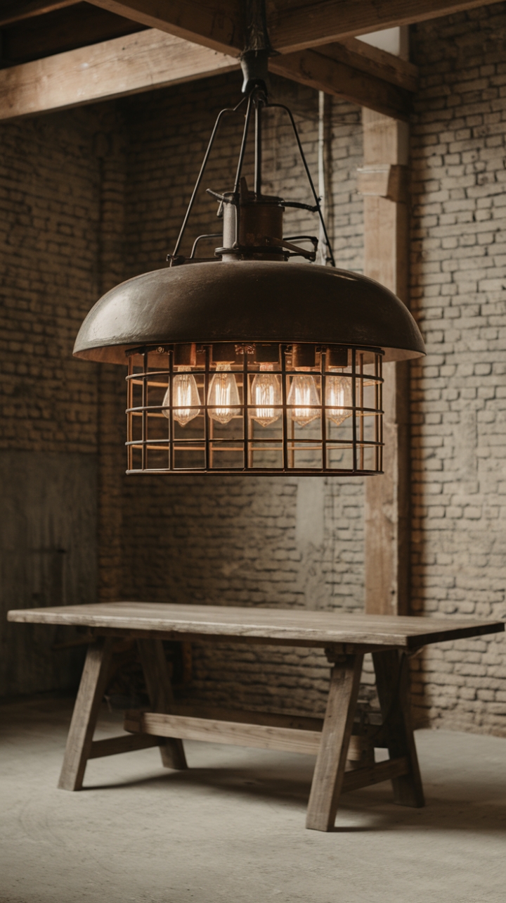 A masterpiece of contrasting textures and vintage appeal. The industrial pendant light, a caged marvel of exposed bulbs, hangs dramatically from a rustic wooden beam, illuminating a scene of raw beauty: a wooden table set against a backdrop of exposed brick and concrete.