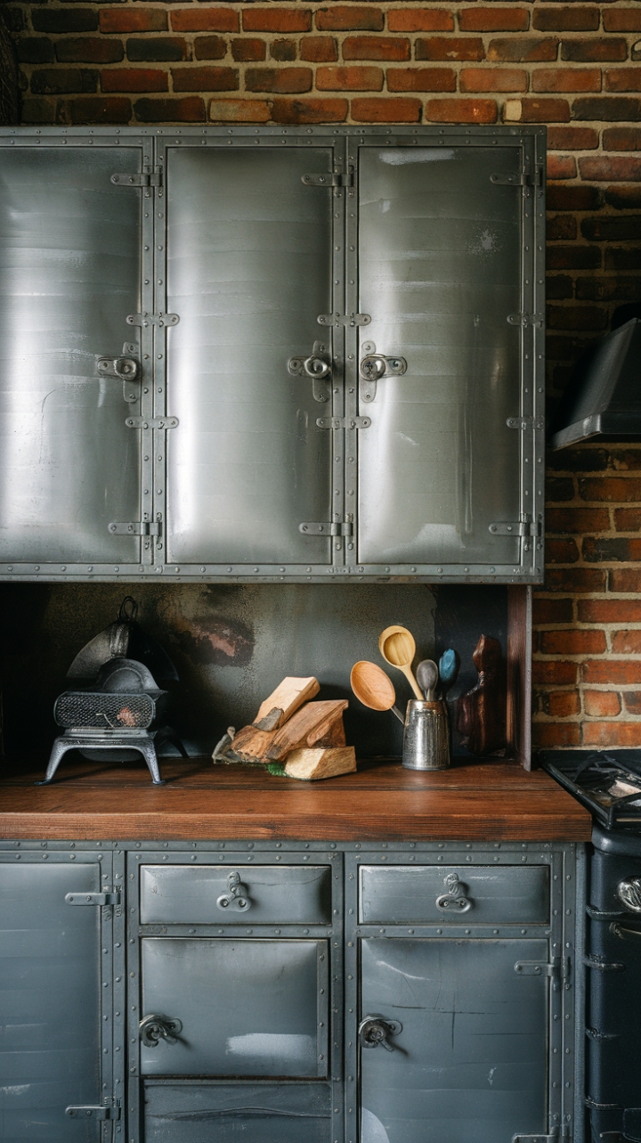 Raw, rustic, and undeniably chic. This industrial kitchen marries vintage metal cabinetry with a reclaimed wood countertop, creating a space that's both lived-in and luxurious. The exposed brick and wood-burning stove add to the urban-rustic charm, while the carefully chosen utensils hint at culinary adventures to come.