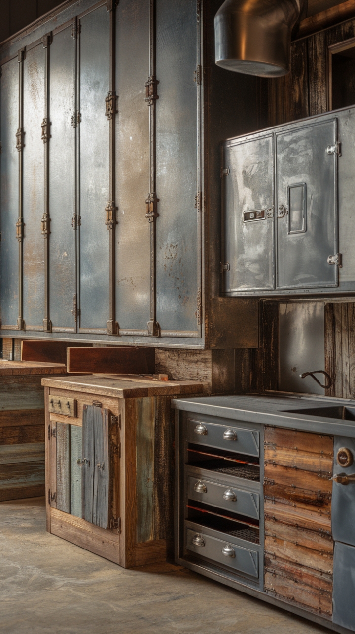 Ready to fall for the raw, romantic charm of industrial chic? This vintage kitchen, a masterpiece of weathered steel and reclaimed wood, boasts factory-style cabinetry with a distressed finish that whispers tales of bygone eras. The concrete floor adds a touch of urban grit, while the rustic storage solutions offer both practicality and personality. Perfect for the modern loft dweller seeking a space that's as stylish as it is functional.