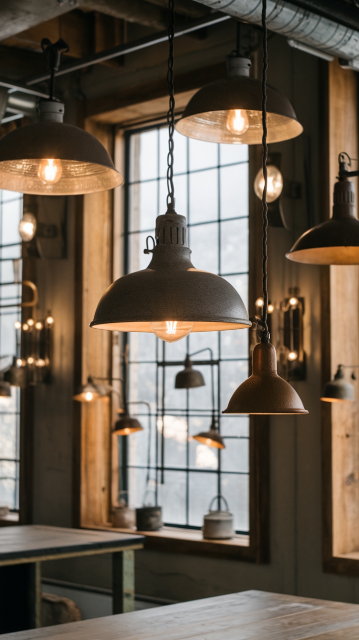 Craving a space that's both lived-in and luxurious? This rustic-industrial haven is your answer. Farmhouse pendant lights cast a welcoming glow over a sturdy wooden table, while distressed metal lamps and warehouse lighting add a touch of edgy sophistication. Antique industrial chandeliers and rugged metal sconces punctuate the walls, creating a captivating interplay of light and shadow. A rustic window frame adds a touch of natural warmth, completing this uniquely inviting atmosphere.