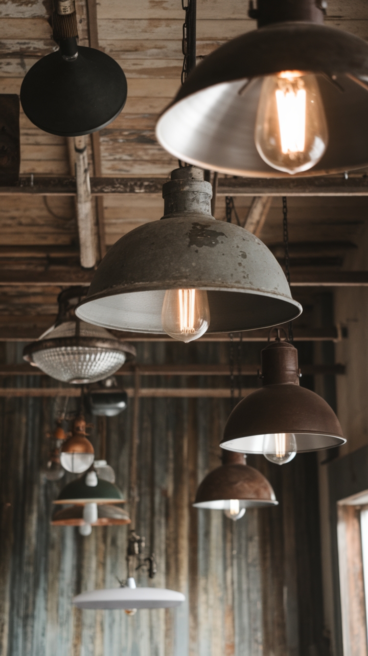Raw, reclaimed, and relentlessly stylish – this lighting arrangement is a masterclass in industrial chic. Distressed metal lamps, warehouse-style pendants, and antique industrial chandeliers hang in harmonious chaos against a backdrop of beautifully distressed wood. The mix of textures and finishes creates a captivating visual narrative, perfect for adding a touch of gritty elegance to your home.
