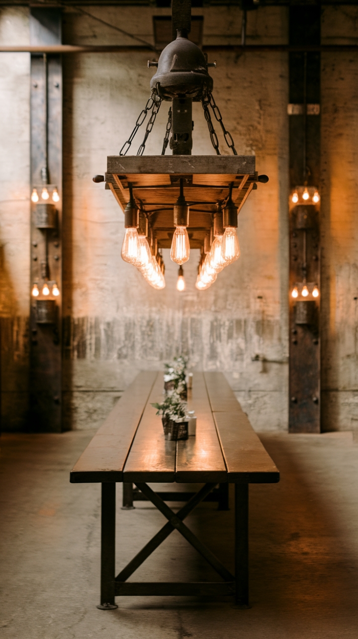 Raw textures meet refined warmth in this rustic-industrial haven. A reclaimed wood table anchors the space, bathed in the glow of a vintage industrial pendant and rugged metal sconces. Concrete floors and exposed elements add character, creating an inviting atmosphere perfect for gatherings and quiet contemplation.
