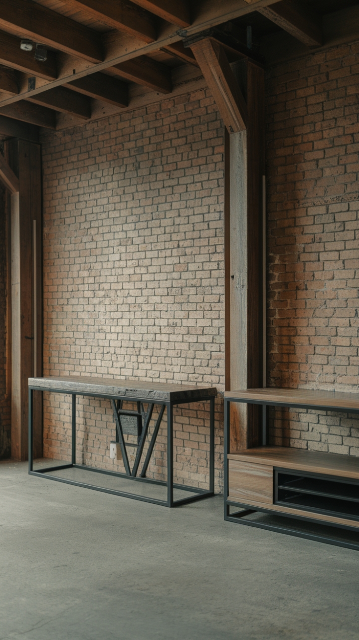 Love the look of urban industrial design? This captivating photo features two stunning media consoles—one rustic and reclaimed, the other minimalist and modern—perfectly positioned against a backdrop of exposed brick and wooden beams. The juxtaposition of textures and styles creates a truly unforgettable statement piece for any loft-style living room, proving that opposites can indeed attract.