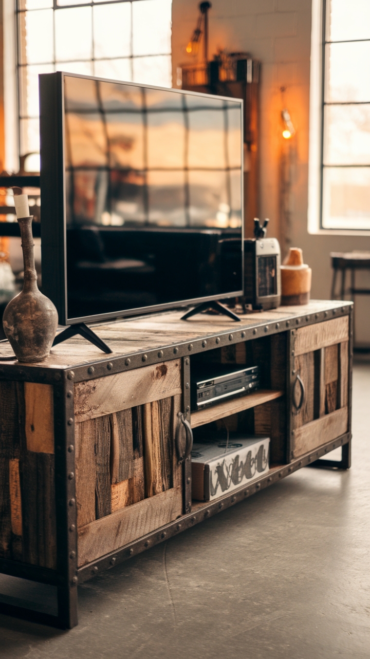 Reclaimed wood and industrial metal unite in this rustic media console, a vintage-inspired masterpiece that anchors the loft's warm, inviting ambiance. The perfectly imperfect wood grain speaks to a history of stories, while the sleek metal frame adds a touch of modern edge. A curated collection of media devices and decorative accents completes the look, showcasing a blend of rugged charm and refined style.