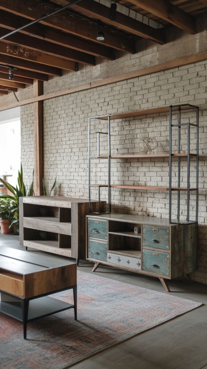 Love the look of exposed brick and rustic wood? This image showcases how to seamlessly blend vintage and modern aesthetics. A distressed wooden TV stand, a reclaimed wood media console, and a contemporary metal-framed cabinet create a dynamic and inviting entertainment center, perfectly complemented by lush greenery and a cozy rug.