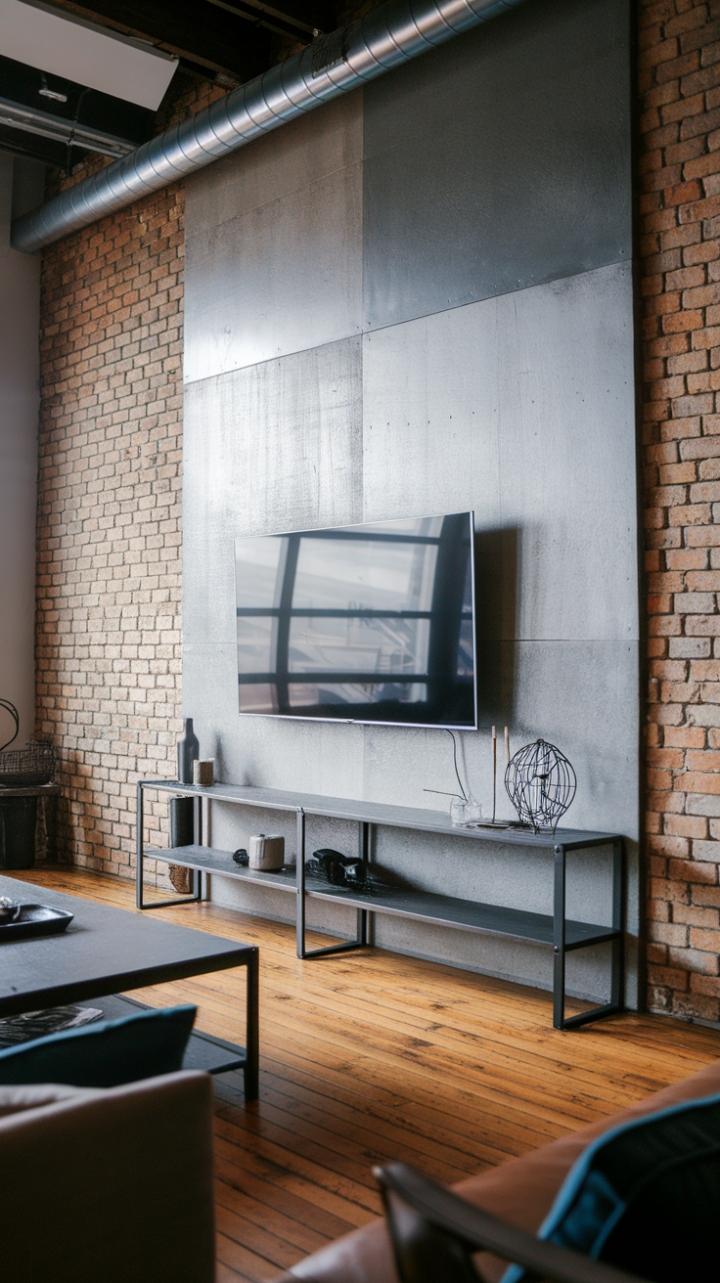 Industrial chic redefined. This loft space boasts a stunning interplay of textures—exposed brick, sleek concrete, and rich wood—creating a dynamic yet harmonious living area. The minimalist TV installation is a focal point, showcasing a clean aesthetic that's both stylish and functional.