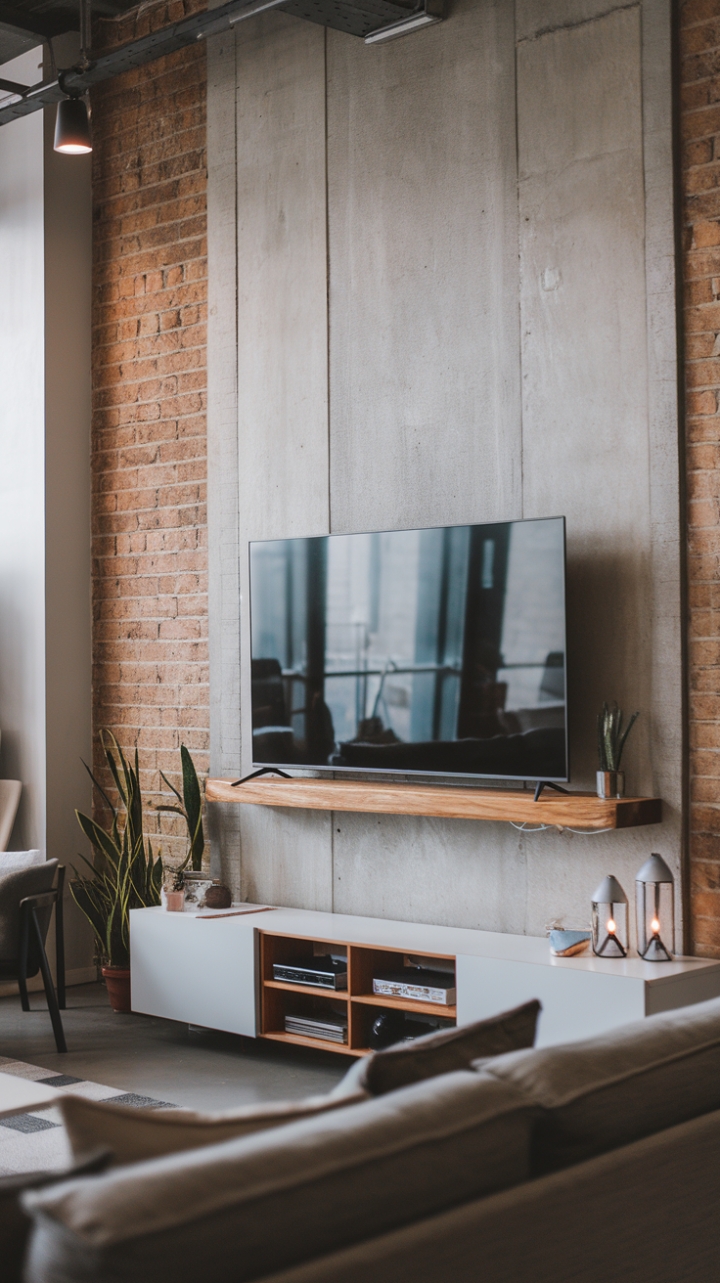 Urban chic meets cozy comfort. This loft space seamlessly blends industrial elements—exposed brick, concrete walls—with minimalist furniture and pops of greenery. The focal point? A large television mounted above a stylish white cabinet, proving that functionality and aesthetic appeal can coexist beautifully.